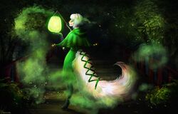  2018 anthro blizzard_entertainment bridge clothing cloud corset_piercing dd digital_media_(artwork) digital_painting_(artwork) ear_piercing female forest full-length_portrait furgonomics furry-specific_piercing golden_accessories green_clothing hair lamp lantern magic mammal night paper_lantern piercing plant portrait rizonik solo sparkles surface_piercing tail tail_piercing tree warcraft white_hair widescreen 