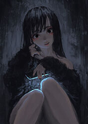  bare_shoulders black_eyes black_hair black_nails black_theme cellphone dark earrings female fingernails glowing highres holding holding_phone jewelry jonpei long_hair looking_at_viewer mole mole_under_eye original parted_lips phone pink_lips sitting solo teeth upper_teeth_only 