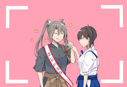  2girls blue_hakama brown_eyes brown_hair brown_hakama closed_eyes commentary_request cowboy_shot grey_hair hakama hakama_skirt height_difference highres japanese_clothes kaga_(kancolle) kantai_collection long_hair multiple_girls pink_background samonasu17 sash side_ponytail skirt translated viewfinder zuikaku_(kancolle) zuikaku_kai_ni_(kancolle) 