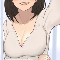  :q arm_up blush breast_hold breasts brown_hair cleavage commentary female ganbare_douki-chan head_out_of_frame kouhai-chan_(douki-chan) large_breasts lazycoffee_(wyen_iscordo) long_hair long_sleeves mole mole_on_breast mole_under_eye open_mouth selfie solo sweater teeth tongue tongue_out upper_body upper_teeth_only white_sweater 