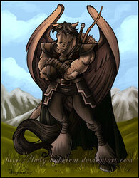  anthro armor arrow_(weapon) blacksilver bow_(weapon) clothed clothing cybercat equid equine horse landscape male mammal melee_weapon mountain mythological_creature mythological_equine mythology pegasus pose ranged_weapon solo sword weapon wings 