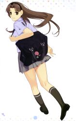  absurdres amatsuka_hikaru baby_princess bag black_footwear brown_eyes brown_hair female from_behind full_body grey_skirt hairband highres holding_strap kneehighs kneepits loafers long_hair looking_back mibu_natsuki photoshop_(medium) pleated_skirt scan school_bag school_uniform shoes shoulder_strap skirt smile socks standing white_background 