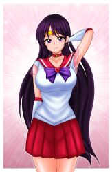  1girls alluring big_breasts bishoujo_senshi_sailor_moon black_hair breasts cleavage clothing medium_breasts pin_up purple_eyes rei_hino sailor_mars shirt short_skirt skirt tiara treezero uniform wholesome 