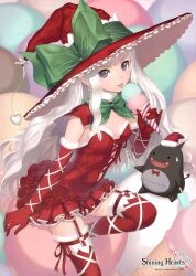  :p absurdres bare_shoulders blue_eyes christmas elbow_gloves female food gloves hat heart highres ice_cream ice_cream_cone long_hair melty_(shining_hearts) red_gloves shining_(series) shining_hearts shining_world sorbe_(shining_hearts) sweatdrop thighhighs tongue tongue_out tony_taka witch_hat 