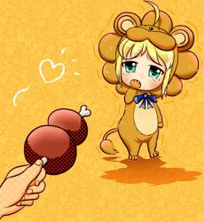  ahoge animal_costume artoria_pendragon_(fate) blonde_hair boned_meat commentary_request fate/stay_night fate/tiger_colosseum fate_(series) female food green_eyes highres king472296083 lion_costume meat saber_(fate) saber_lion solo_focus tears 