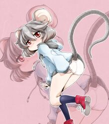  alternate_costume animal_ears ass black_socks blush casual commentary_request contemporary female from_behind grey_hair hood hoodie kneehighs looking_back mouse_ears mouse_tail nazrin no_pants panties phenne red_eyes shoes sneakers socks solo tail tail_raised touhou underwear white_panties zoom_layer 