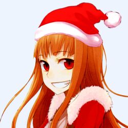  ayakura_juu christmas christmas_hat face female hat highres holo horo long_hair looking_at_viewer orange_hair photoshop portrait red_eyes santa_hat smile solo spice_and_wolf 