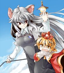  2girls aged_down aged_up animal_ears bishamonten&#039;s_pagoda black_hair blonde_hair blush commentary_request grey_hair hair_ornament hug jewelry lolicon mole mouse_ears multicolored_hair multiple_girls nazrin open_mouth pendant phenne red_eyes role_reversal short_hair smile tears toramaru_shou touhou two-tone_hair yellow_eyes 