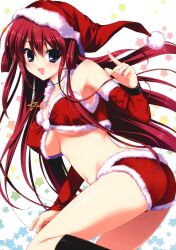  absurdres bare_shoulders blue_eyes blush boots breasts christmas crop_top detached_sleeves female fumio_(ura_fmo) fur_trim grisaia_(series) grisaia_no_kajitsu hat highres jewelry knee_boots large_breasts long_hair long_legs looking_at_viewer looking_back midriff navel open_mouth pendant red_hair red_shorts red_theme santa_costume santa_hat shiny_skin short_shorts shorts simple_background smile solo suou_amane underboob 