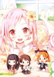  :d absurdres artist_name ayase_sayuki barefoot black_hair blush braid brown_hair character_doll curtains female flower hair_flower hair_ornament hand_to_own_mouth highres hirosaki_kanade indoors long_hair looking_at_viewer lying minagawa_yuuhi nyanya on_stomach open_mouth orange_hair outstretched_arms panties pink_hair ponytail red_eyes scan single_braid sitting skirt smile solo striped_clothes striped_panties underwear window your_diary yua_(your_diary) 