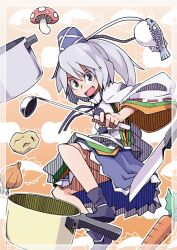  bad_id bad_pixiv_id carrot cooking_pot d@i female fish food grey_eyes grey_hair hat holding japanese_clothes knife ladle meat mononobe_no_futo mushroom onion open_mouth ponytail potato puffer_fish short_hair skirt smile solo strap tabi tate_eboshi touhou 