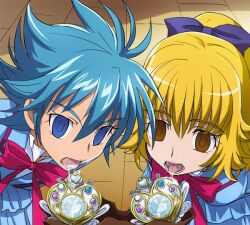  2girls aria_gakuen_school_uniform blonde_hair blue_eyes blue_hair bow bowtie brooch brown_eyes drooling empty_eyes eyelashes from_above hair_ribbon half_updo haruyama_kazunori higashiyama_seika hypnosis jewelry mind_control multiple_girls nishijima_waon open_mouth precure ribbon saliva school_uniform short_hair skirt suite_precure teeth tongue 