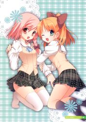  2girls :d absurdres arm_grab black_legwear blue_eyes bow braid hairbow highres kneehighs kneeling long_hair looking_at_viewer minagawa_yuuhi multiple_girls one_eye_closed open_mouth orange_hair pink_eyes pink_hair pleated_skirt sacraneco school_uniform skirt smile socks thighhighs white_legwear your_diary yua_(your_diary) 