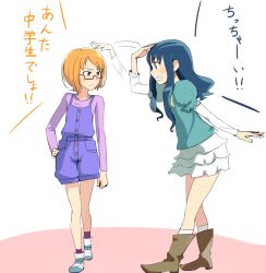  2girls age_difference ayatori_(sensei_heroism) blue_eyes blue_hair blue_shirt commentary_request glasses heartcatch_precure! height_difference kurumi_erika long_hair multiple_girls orange_hair precure shirabe_ako shirt short_hair suite_precure translated 