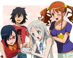  3girls anjou_naruko ano_hi_mita_hana_no_namae_wo_bokutachi_wa_mada_shiranai. casual commentary_request glasses handheld_game_console honma_meiko masaki_kazusa multiple_girls playstation_portable tsurumi_chiriko yadomi_jinta 