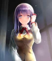  blush commentary_request dress_shirt fate/stay_night fate_(series) female hair_ribbon homurahara_academy_school_uniform light_smile long_hair long_sleeves matou_sakura momoayamo neck_ribbon photoshop_(medium) purple_eyes purple_hair ribbon school_uniform shirt solo vest 