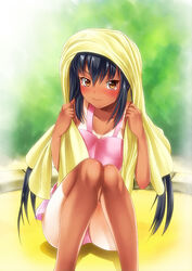  black_hair blurry blurry_background blush brown_eyes casual_one-piece_swimsuit closed_mouth collarbone commentary feet_out_of_frame female hair_between_eyes holding holding_towel k-on! knees knees_together_feet_apart long_hair looking_at_viewer nakano_azusa one-piece_swimsuit outdoors photoshop_(medium) pink_one-piece_swimsuit sidelocks sitting solo swimsuit tan tanlines tearing_up tears towel twintails un4lord v-shaped_eyebrows very_long_hair 