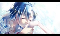  1boy blue_hair closed_eyes commentary_request female highres kissing kissing_hand letterboxed manami_sangaku miyahara_(yowamushi_pedal) roku_(maki--0147) short_hair solo_focus sportswear yowamushi_pedal 