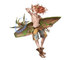  1boy animal_ears bird erune flower full_body granblue_fantasy helnar holding holding_surfboard jewelry leaf long_hair male_focus minaba_hideo necklace official_art orange_eyes orange_hair sandals solo surfboard topless_male transparent_background 