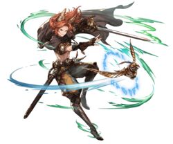  1boy abs animal_ears bird boots cape erune fingerless_gloves full_body gloves granblue_fantasy helnar long_hair male_focus minaba_hideo official_art orange_hair red_eyes solo sword transparent_background weapon 