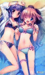  2girls ;d absurdres arm_up beach bikini black_bikini blue_bikini blue_eyes blue_hair bracelet breasts brown_hair cleavage dress_shirt duplicate floral_print frilled_bikini frills gotou_nao highres jewelry leg_garter long_hair lying multiple_girls nishikujou_kanon ocean one_eye_closed open_clothes open_mouth open_shirt pink_eyes reflection sand shinonome_urara shirt shukufuku_no_kane_no_oto_wa_sakura-iro_no_kaze_to_tomo_ni side-tie_bikini smile swimsuit water wink 