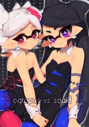  +_+ 2girls black_hair blue_eyes bow callie_(splatoon) commentary_request cousins earrings etsuo hairbow inkling jewelry long_hair looking_at_viewer marie_(splatoon) multiple_girls octopus pantyhose pink_eyes pointy_ears short_jumpsuit splatoon_(series) splatoon_1 squid tentacle_hair typo white_hair wrist_cuffs 