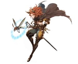  1boy abs animal_ears bird boots cape erune fingerless_gloves full_body gloves granblue_fantasy helnar long_hair male_focus minaba_hideo official_art orange_hair red_eyes solo sword transparent_background weapon 