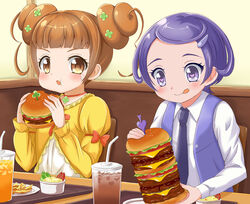  2girls :p blush brown_eyes brown_hair burger chair choker clover clover_hair_ornament commentary_request dokidoki!_precure double-decker_hamburger_bun double_bun dress eating eyelashes flower food four-leaf_clover four-leaf_clover_hair_ornament french_fries hair_bun hair_flower hair_ornament hairpin heart heart-shaped_pupils juice kenzaki_makoto long_hair multiple_girls necktie orange_juice precure purple_eyes purple_hair ribbon short_hair sitting smile soda spade_(shape) symbol-shaped_pupils table tamago_kago tongue tongue_out too_much_burger twintails vest yotsuba_alice 