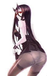  abyssal_ship ass bad_id bad_pixiv_id battleship_princess black_dress black_hair colored_skin dress female glowing glowing_eyes horns kantai_collection long_hair looking_at_viewer pale_skin panties panties_under_pantyhose pantyhose red_eyes short_dress skin-covered_horns solo sw_(2311550438) thighband_pantyhose underwear very_long_hair white_skin 