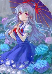  album_cover ama-tou blue_hair commentary_request cover dress female flower foxfactory hat hat_flower highres hydrangea kamishirasawa_keine long_hair oil-paper_umbrella pink_eyes rain short_sleeves smile solo touhou umbrella water_drop 