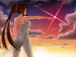  ahoge ass back brown_eyes brown_hair cloud commentary_request dress female frills from_side khnchak lens_flare long_hair original pointing ponytail see-through_silhouette sky smile solo strap_gap sunset very_long_hair white_dress 