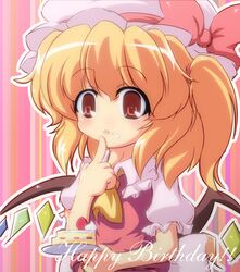  ascot blonde_hair cake candle commentary_request female finger_to_mouth flandre_scarlet food food_on_face happy_birthday hat nullpooo red_eyes side_ponytail solo touhou upper_body wings 