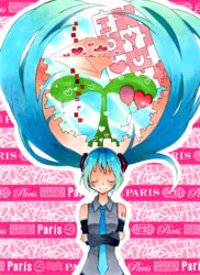  aqua_hair bad_id bad_pixiv_id balloon campanella_(vocaloid) closed_eyes creator_connection crossed_arms detached_sleeves female floating_hair hatsune_miku heart hello_planet_(vocaloid) highres jigsaw_puzzle long_hair necktie paper_airplane plant puzzle rafuran shuumatsu_ga_yattekuru!_(vocaloid) smile solo songover twintails very_long_hair vocaloid 