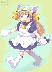  2013 animal_hands animal_hat apron bell blonde_hair blue_eyes blush bow cat_hat cat_tail commentary_request cosplay dejiko dejiko_(cosplay) di_gi_charat dress female hat highres jingle_bell kazuboh kneehighs long_hair nichijou photoshop_(medium) professor_shinonome signature smile socks solo tail tail_bow tail_ornament 