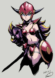  absurdres armor bikini_armor blonde_hair blue_eyes choker closed_mouth commentary_request cowboy_shot dated dragon_quest dragon_quest_vii expressionless fake_horns female grey_background helmet highres holding holding_shield holding_sword holding_weapon horned_helmet horns long_hair looking_at_viewer matilda_(dq7) multicolored_hair photoshop_(medium) purple_hair samidare_satsuki shield signature simple_background skull solo sword teeth weapon white_choker 