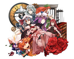  6+girls ascot bat_wings blonde_hair blue_eyes braid commentary_request cup embodiment_of_scarlet_devil flandre_scarlet grey_hair hat head_wings hong_meiling izayoi_sakuya koakuma long_hair maid maid_headdress multiple_girls patchouli_knowledge purple_eyes purple_hair red_eyes red_hair remilia_scarlet short_hair teacup teapot totteri touhou twin_braids wings 