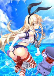  adjusting_clothes adjusting_panties anchor ass bare_shoulders black_panties blonde_hair colored_eyelashes commentary crop_top crop_top_overhang day elbow_gloves female flat_chest gloves hairband highleg highleg_panties kantai_collection long_hair looking_at_viewer looking_back midriff outdoors panties sailor_collar school_uniform serafuku shimakaze_(kancolle) skirt smile solo standing standing_on_liquid standing_on_one_leg striped_clothes striped_thighhighs sw_(2311550438) symbol-only_commentary thighhighs thighs underwear white_gloves yellow_eyes 