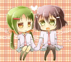  2girls bad_id bad_pixiv_id blush brown_hair green_eyes green_hair hair_ornament hairpin heart holding_hands long_hair multiple_girls necktie pantyhose ribbon saki_(manga) saki_achiga-hen shirouzu_mairu short_hair sitting smile ssk_sasasa tsuruta_himeko twintails 