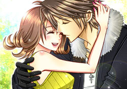  1boy bad_id bad_pixiv_id blush bosch brown_hair closed_eyes couple female final_fantasy final_fantasy_viii flipped_hair gloves happy hug selphie_tilmitt short_hair smile squall_leonhart straight 