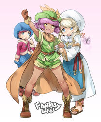  3girls androgynous bad_id belt blonde_hair blue_eyes blush_stickers boots brown_gloves cape dark-skinned_female dark_skin fantasy fantasy_life flat_chest gloves hand_on_own_hip hat laura_(fantasy_life) multiple_girls naso4 photoshop_(medium) player_(fantasy_life) purple_hair red_hair sandals yellow_eyes yuelia_(fantasy_life) 