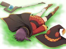  bandages boots cape commentary dress female fingerless_gloves gloves hat khnchak kono_subarashii_sekai_ni_shukufuku_wo! lying megumin on_ground on_stomach purple_hair short_hair single_thighhigh solo staff thighhighs witch_hat 