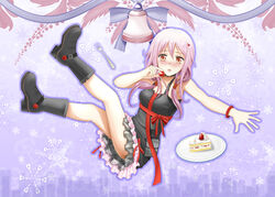  bare_shoulders blush breasts cake commentary_request female food fruit guilty_crown hair_ornament hairclip long_hair medium_breasts miyabi_(miyabi) pink_hair red_eyes solo strawberry strawberry_shortcake twintails yuzuriha_inori 