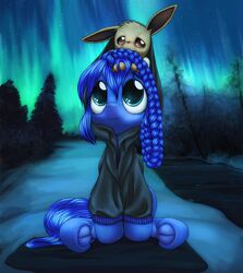  2017 ambiguous_gender blue_hair clothing darkstylerz duo earth_pony eevee equid equine female feral generation_1_pokemon hair hasbro hi_res hooves horse long_hair mammal my_little_pony nintendo pokemon pokemon_(species) pony sitting smile 