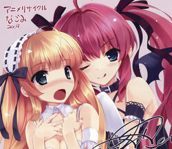  2009 2girls :q ;q absurdres angel_and_devil angel_wings arm_strap armband bat_wings blonde_hair blue_eyes blush breasts cleavage collar criss-cross_halter detached_collar hair_ribbon hairband halter_top halterneck haltertop hands_on_chest hands_on_own_chest hands_to_chest headdress highres kuroya_shinobu lolita_hairband misaki_kurehito multiple_girls nail_polish one_eye_closed open_mouth original pink_hair ribbon signature tongue tongue_out twintails wings wink 