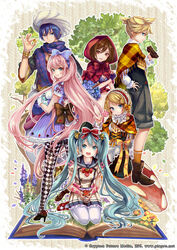  2boys 4girls :d aladdin_(magi) aladdin_(magi)_(cosplay) alice_(alice_in_wonderland) alice_(alice_in_wonderland)_(cosplay) alice_in_wonderland alternate_costume apple aqua_hair black_pantyhose blonde_hair blue_bow blue_dress blue_eyes blue_hair blue_scarf book boots bow breasts brown_footwear brown_hair candy checkered_clothes checkered_legwear chocolate chocolate_bar cleavage commentary_request copyright_notice cosplay dress fingerless_gloves food fruit german_clothes gloves gretel_(grimm) gretel_(grimm)_(cosplay) grimm&#039;s_fairy_tales hairbow hand_on_own_hip hansel_(grimm) hansel_(grimm)_(cosplay) hansel_and_gretel hatsune_miku headdress high_heels highres holding holding_food holding_fruit jewelry kagamine_len kagamine_rin kaito_(vocaloid) large_breasts little_red_riding_hood little_red_riding_hood_(grimm) little_red_riding_hood_(grimm)_(cosplay) lollipop long_hair looking_at_viewer megurine_luka meiko_(vocaloid) multiple_boys multiple_girls official_art open_mouth pantyhose photoshop_(medium) pink_hair pisuke pleated_skirt purple_gloves red_bow red_hood ring scarf school_uniform seiza serafuku short_hair shorts sitting skirt smile snow_white snow_white_(grimm) striped_clothes striped_dress turban twintails very_long_hair vocaloid white_legwear 