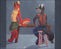  anthro arm_support belt black_body black_fur black_pawpads blue_sclera bottomwear canid canine canis chair claws clothed clothing countershading duo fur furniture grey_body grey_fur hair hindpaw keovi kin leaning looking_at_another looking_at_viewer looking_back male mammal pawpads paws red_body red_fur short_hair shorts simple_background sitting slim smile standing table toe_claws topless tribalwolf tribalwolf_(character) wolf yellow_sclera 