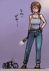  aged_up breasts brown_eyes brown_hair casual coconut_crab crab denim female flashlight gloves hand_on_own_hip jeans large_breasts no_heterochromia pants rozen_maiden short_hair solo souseiseki tank_top translated tsuda_nanafushi 