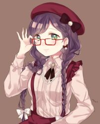  adjusting_eyewear bad_id bad_twitter_id beret braid breasts female glasses green_eyes hair_over_shoulder hand_on_eyewear hat hat_ribbon jewelry long_hair long_sleeves looking_at_viewer love_live! love_live!_school_idol_project medium_breasts necklace nerunnn pearl_necklace purple_background purple_hair red-framed_eyewear ribbon simple_background smile solo suspenders tojo_nozomi twin_braids twintails upper_body 