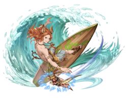  1boy animal_ears back bird erune full_body granblue_fantasy helnar jewelry long_hair male_focus minaba_hideo necklace official_art orange_eyes orange_hair runes sandals solo surfboard surfing topless_male transparent_background water 