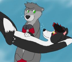  2013 anthro axton border_collie canid canine canis collie domestic_dog duo herding_dog jazzotter jazzotter_(artist) male mammal mustelid otter pastoral_dog sheepdog swimming water 